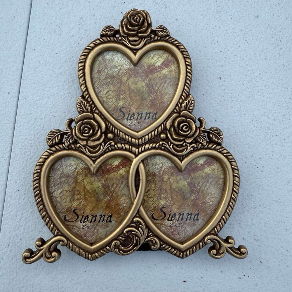 Sienna Brand Gold Toned Three Heart And Roses Mini Frames Resin ‎ Velvet Back